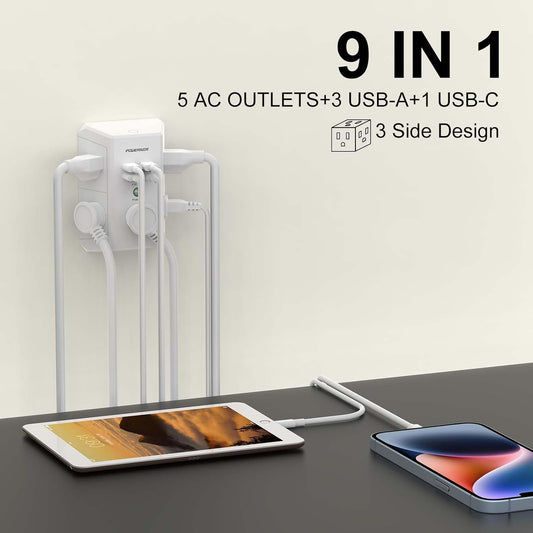 USB Wall Charger, Multi Outlet Extender Surge Protector with 4 USB Ports, 1680J Wall Outlet Adapter Spaced for Home School Office, ETL Listed, White