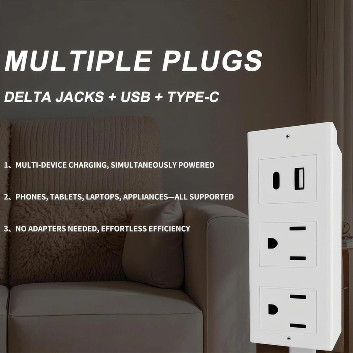 Expandable and Rotating Outlet Features USB-A, USB-C, and 2 Ac Outlets, Extendable Outlet Plug Extends 22-34, 180° Swivel, Socket Extender for behind Couches Nightstands (1Pc),White
