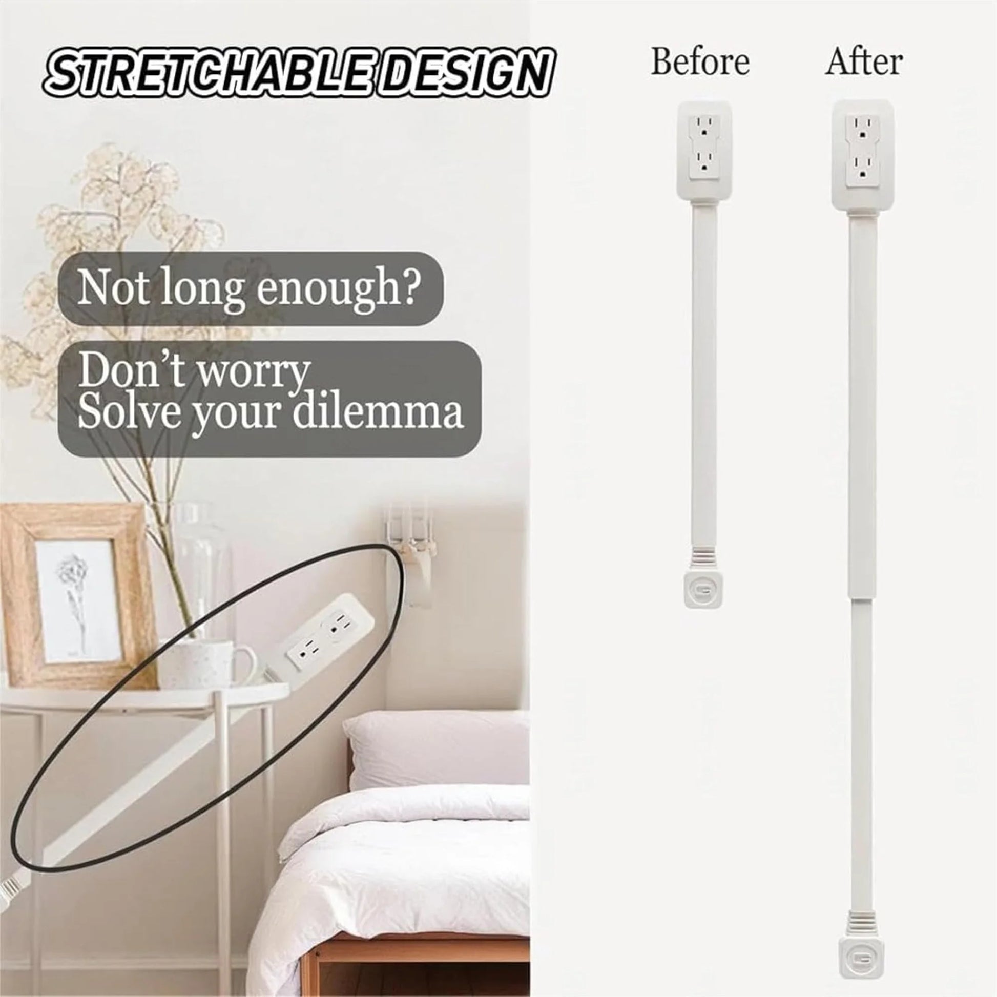 Expandable and Rotating Outlet Features USB-A, USB-C, and 2 Ac Outlets, Extendable Outlet Plug Extends 22-34, 180° Swivel, Socket Extender for behind Couches Nightstands (1Pc),White