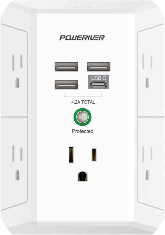 USB Wall Charger,  Multi Outlet Extender Surge Protector with 4 USB Ports, 1680J Wall Outlet Adapter Spaced for Home School Office, ETL Listed, White
